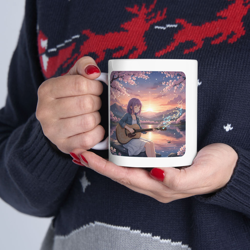 Cozy Sakura Guitarist Cherry Blossom White Ceramic Mug — Romantic Sunset Lake Melody Floral Tea Cup (11oz/15oz)