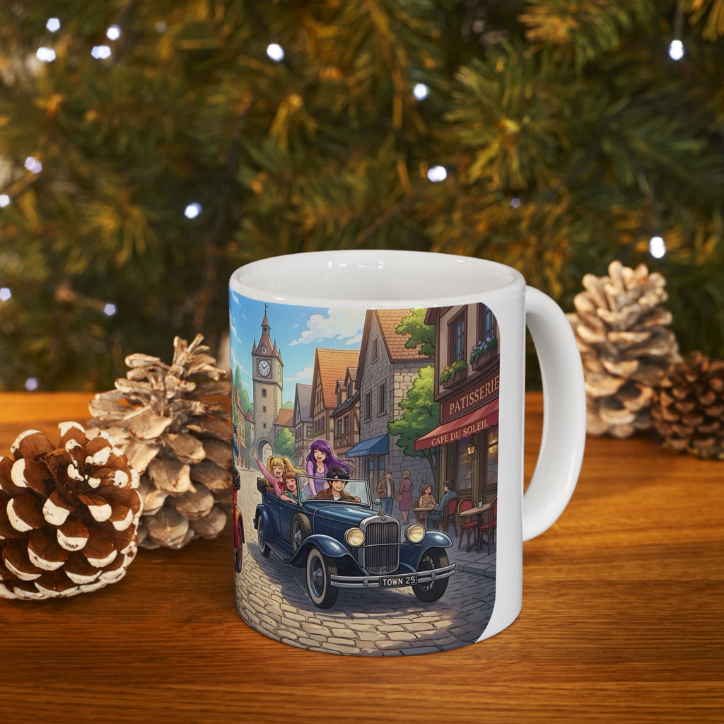 Vintage Village Roadtrip #2 White Ceramic Mug — Classic Cars & Happy Town Friends Cup (11oz, 15oz)
