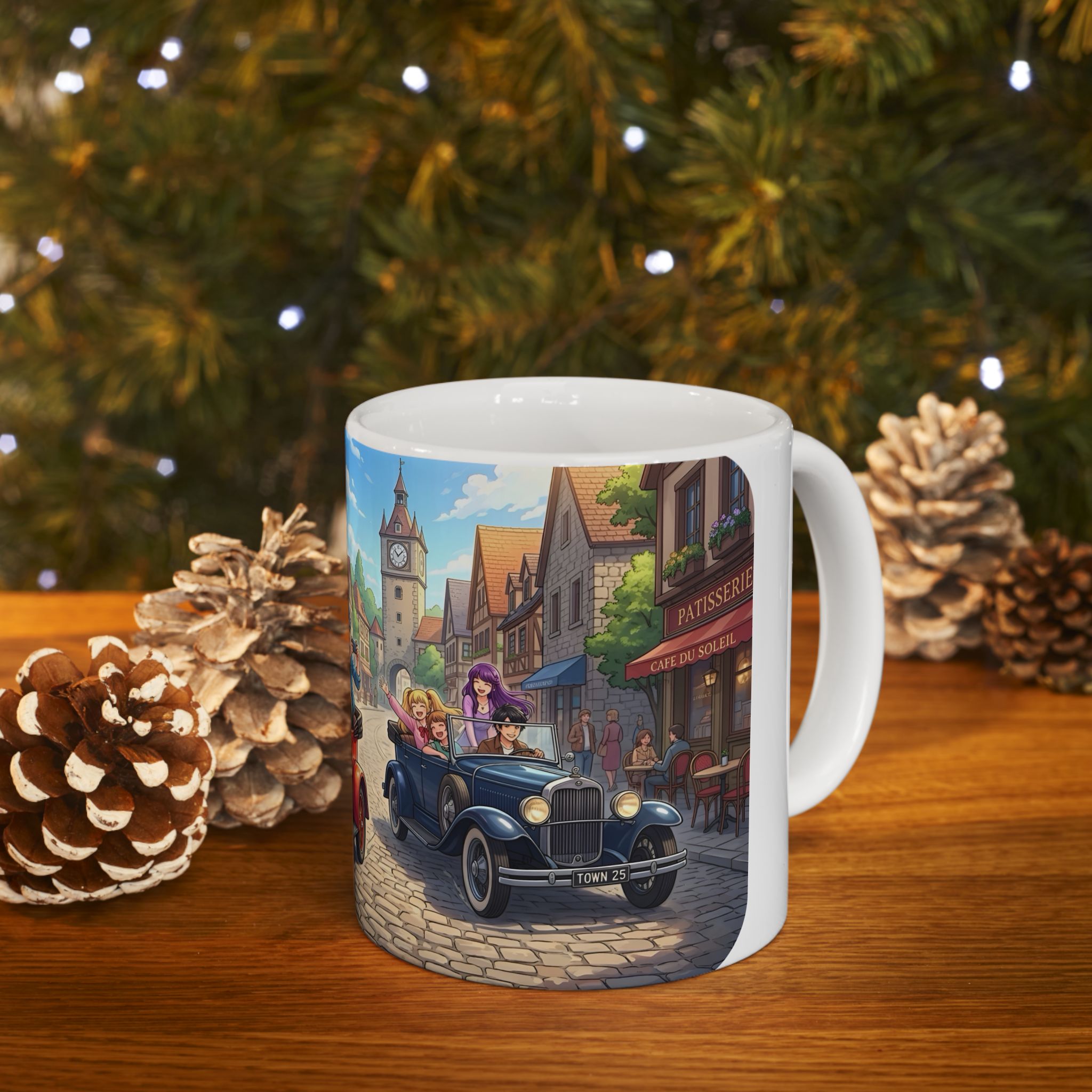 Vintage Village Roadtrip #2 White Ceramic Mug — Classic Cars & Happy Town Friends Cup (11oz, 15oz)