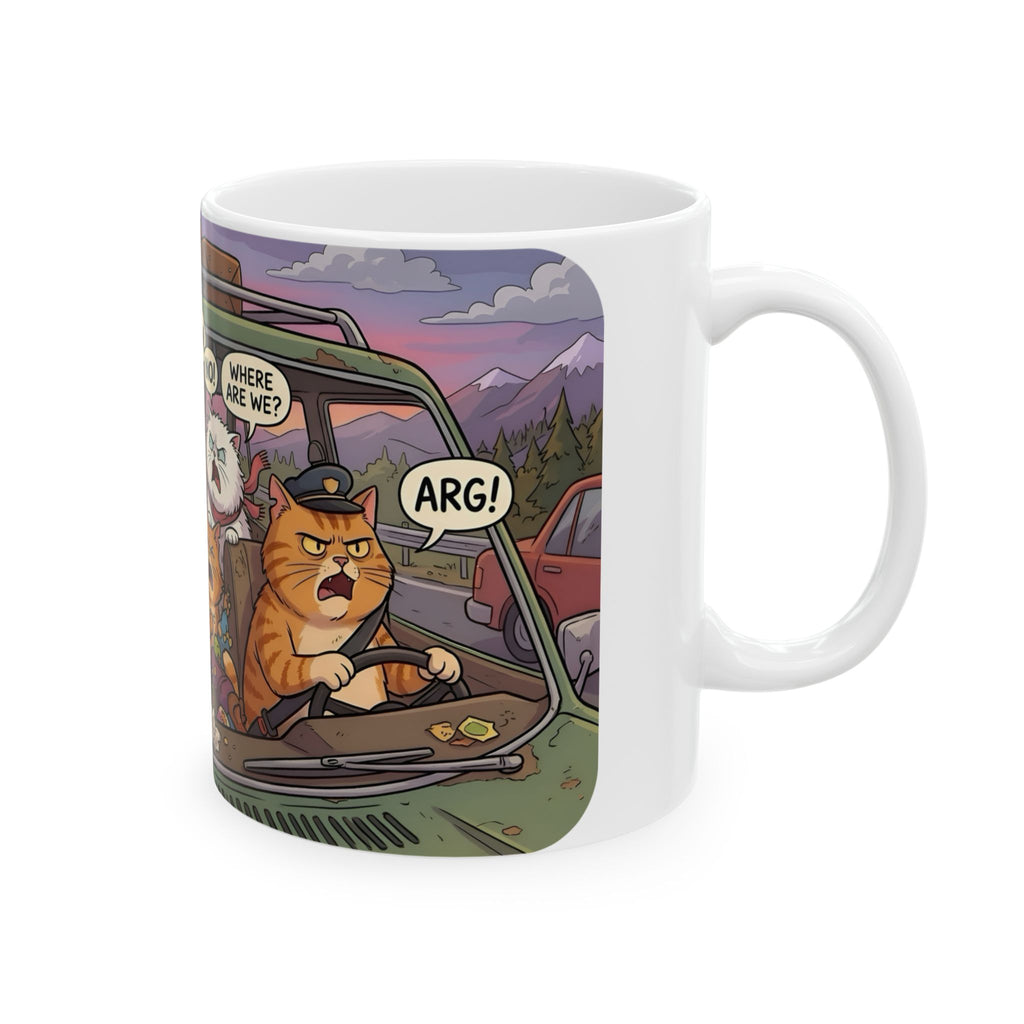 Squabbling Cats On A Road Trip White Ceramic Mug (11oz/15oz), Funny Cat'n Get Along Cup