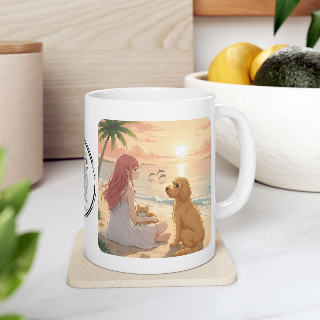 Goldendoodle Dog Orange Cat Sunset & Sunflower White Ceramic Mug — Peaceful Waves Anime Girl Boho Beach Vibes Cup (11oz, 15oz)