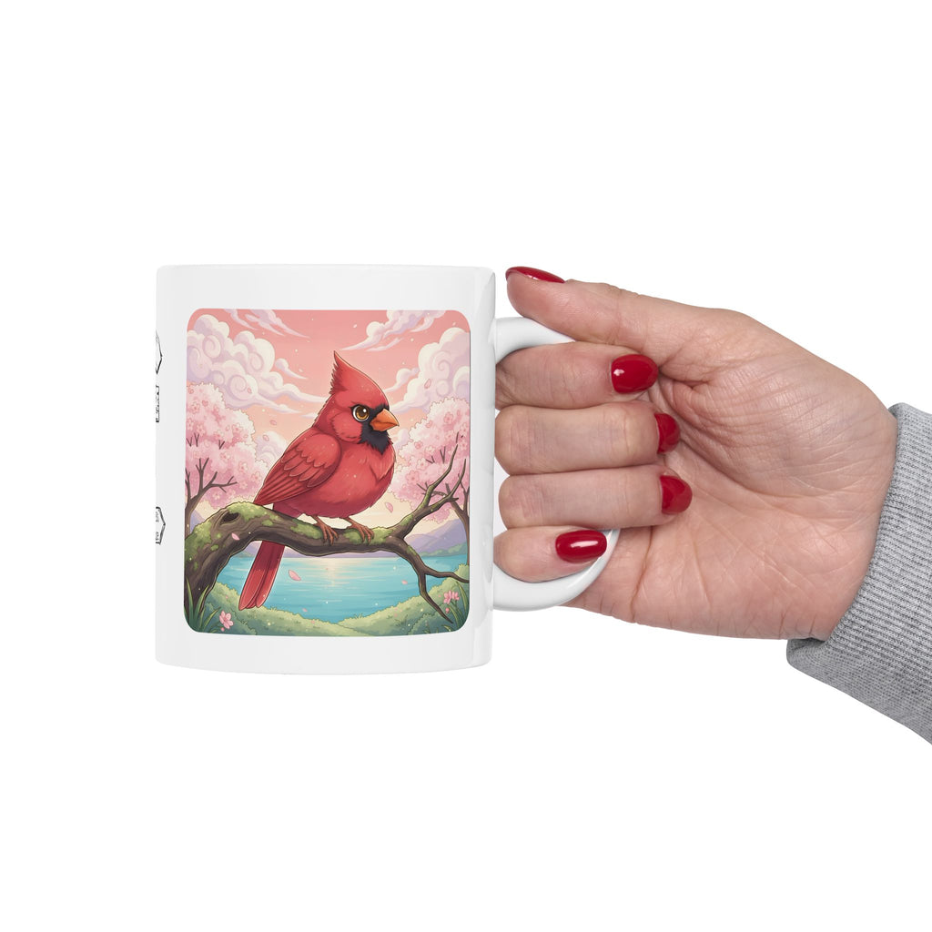 Kawaii Red Cardinal Quiet Moments White Ceramic Mug in Sakura Japan, Cozy Sakura Serenity Japanese Cherry Blossom Landscape Cup, 11oz & 15oz