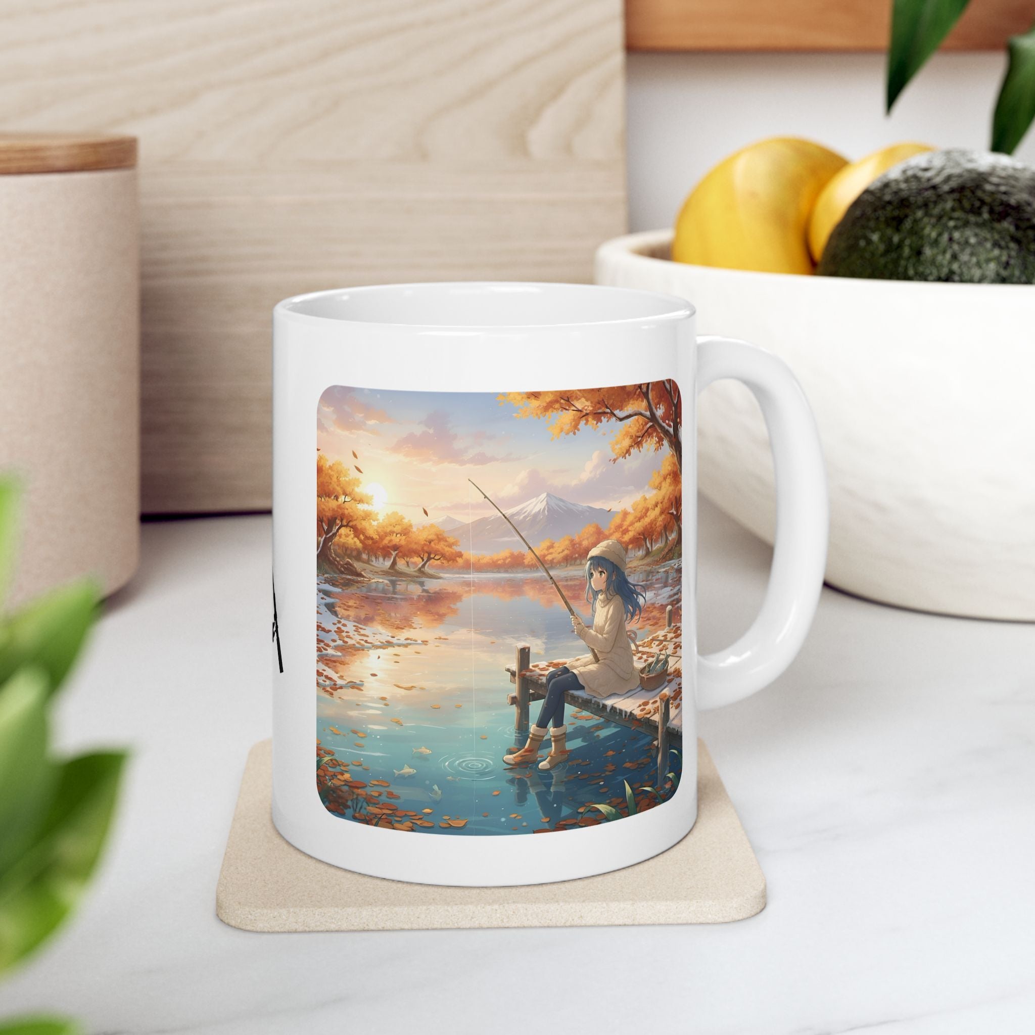 Cozy Anime Girl Joyful Fishing Lake Adventure White Ceramic Mug — Scenic Autumn Aesthetic Mountain Landscape Tea Cup (11oz/15oz)