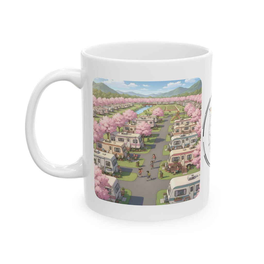 Kawaii English Garden Wildflower Meadow White Ceramic Mug — Cherry Blossom RV Camping Village Cup (11oz/15oz)