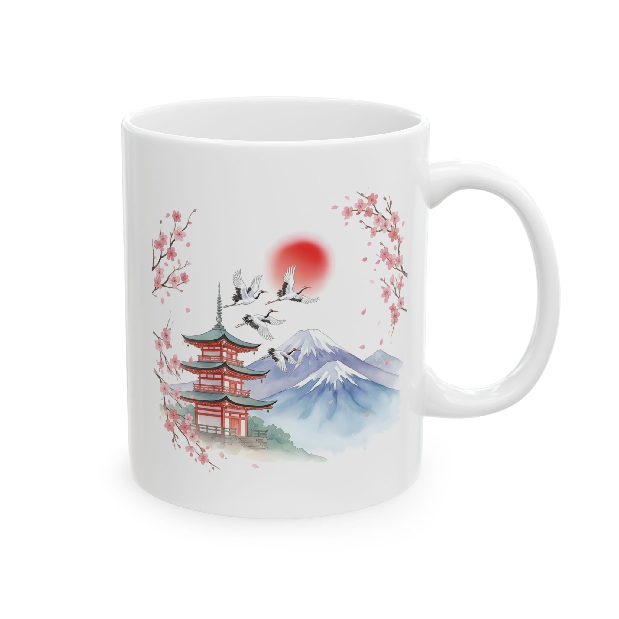 Cherry Blossom Mountain White Ceramic Mug - Japanese Sakura Scenic Tea Cup (11oz, 15oz)