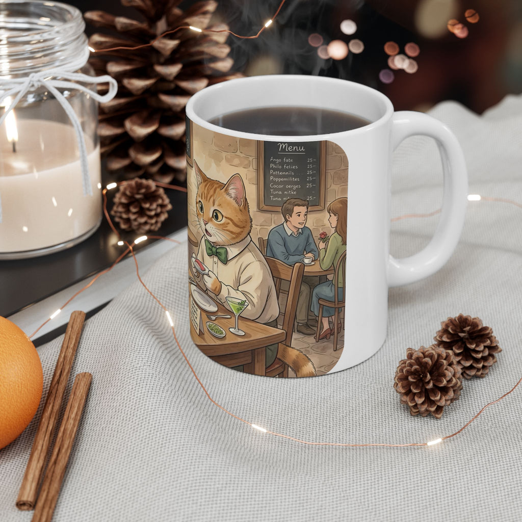 Cat Cafe Breakfast White Ceramic Mug — Cute Cats Dining Tea Cup (11oz/15oz)