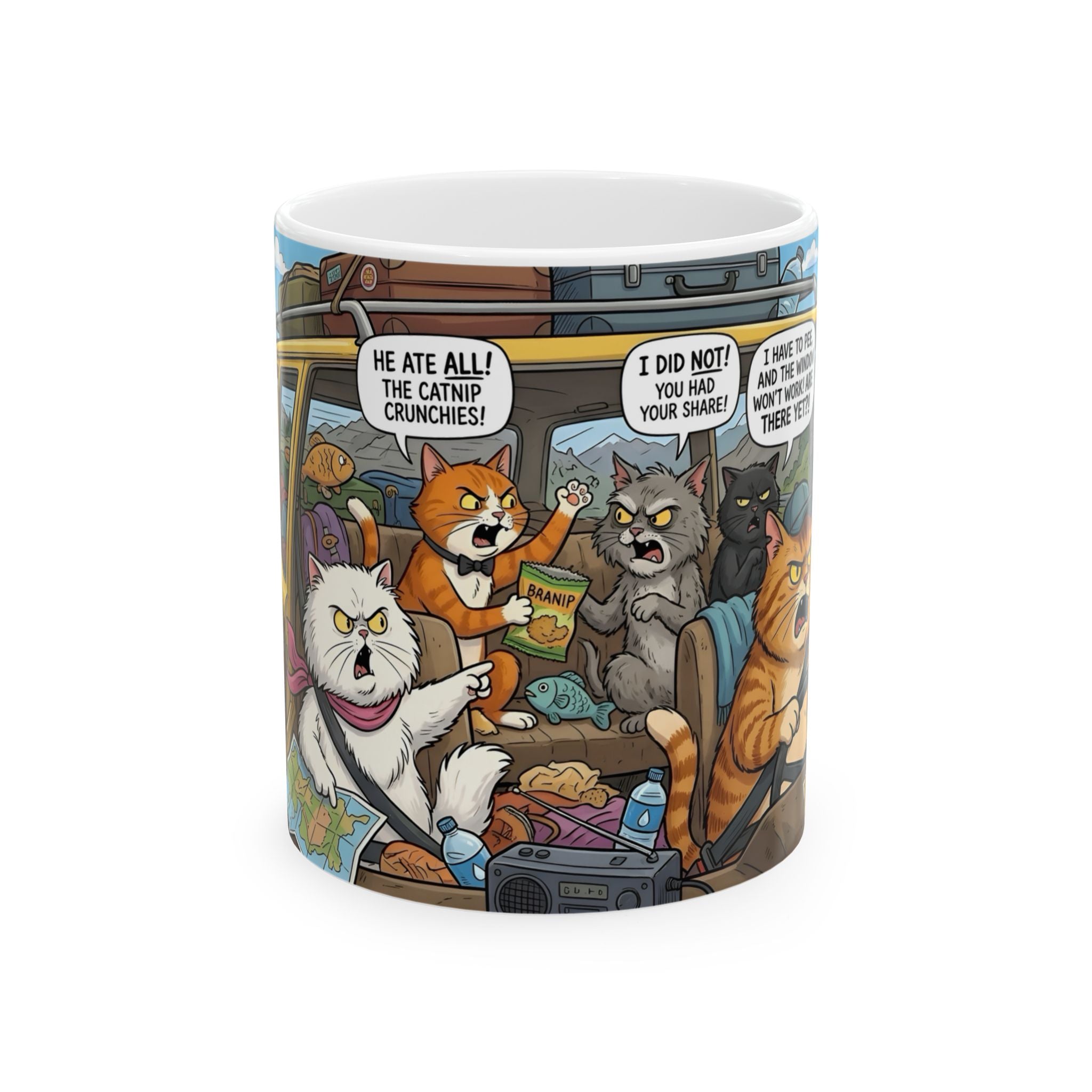 Funny Cat Road Trip White Ceramic Mug — Catnip Kitties Arguing Over Snacks Cup (11oz/15oz)