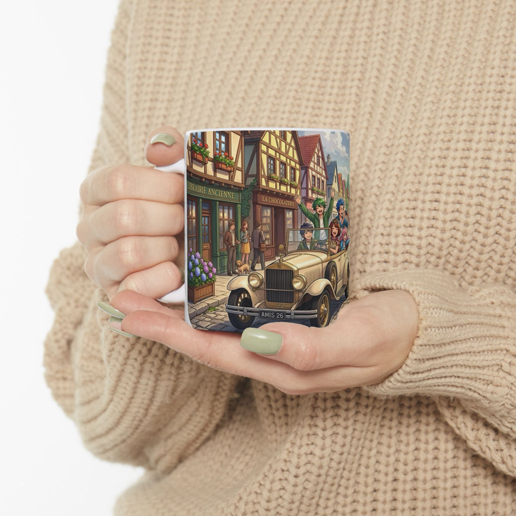 Vintage Village Roadtrip #1 White Ceramic Mug — Classic Cars & Happy Town Friends Cup (11oz, 15oz)