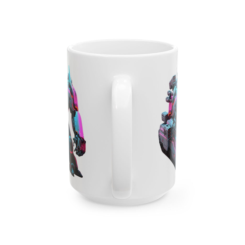 'The Meks' Sci‑Fi Mech Robot #7 White Ceramic Mug (11oz & 15oz), Retro Cyberpunk Tea Cup