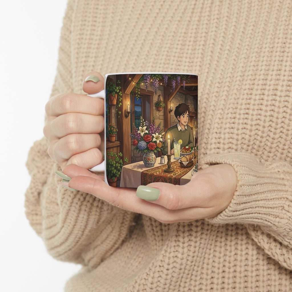 Cozy Candlelit Dinner White Ceramic Mug — Romantic Couple Cottage Cup (11oz & 15oz)