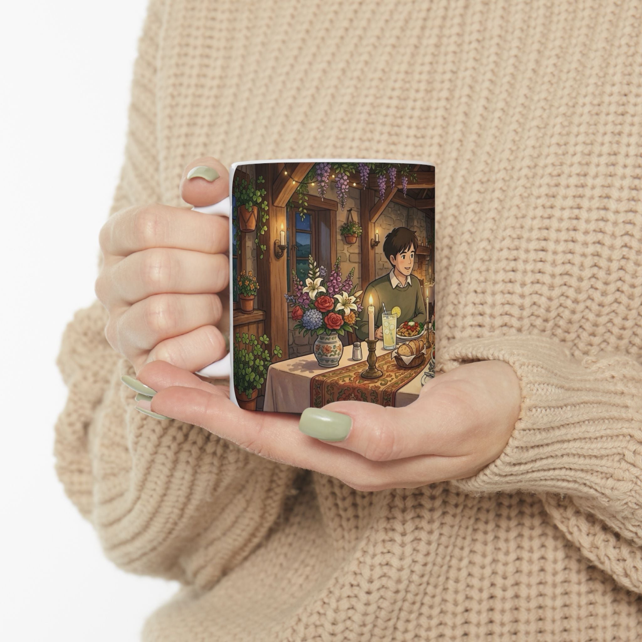 Cozy Candlelit Dinner White Ceramic Mug — Romantic Couple Cottage Cup (11oz & 15oz)