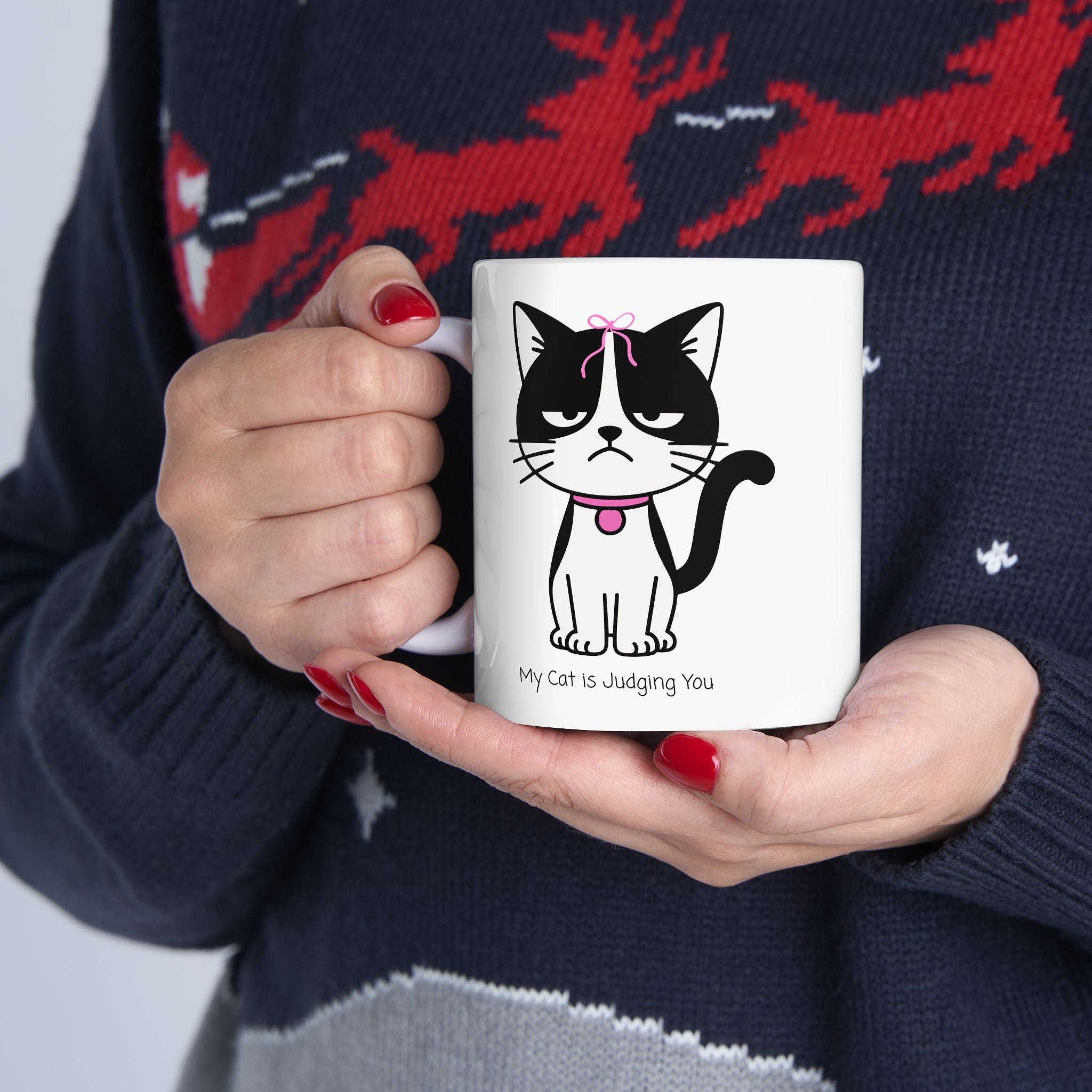 My Cat Is Judging You White Ceramic Mug — Cute Black & White Kitty Stare Down Tea Cup (11oz/15oz)