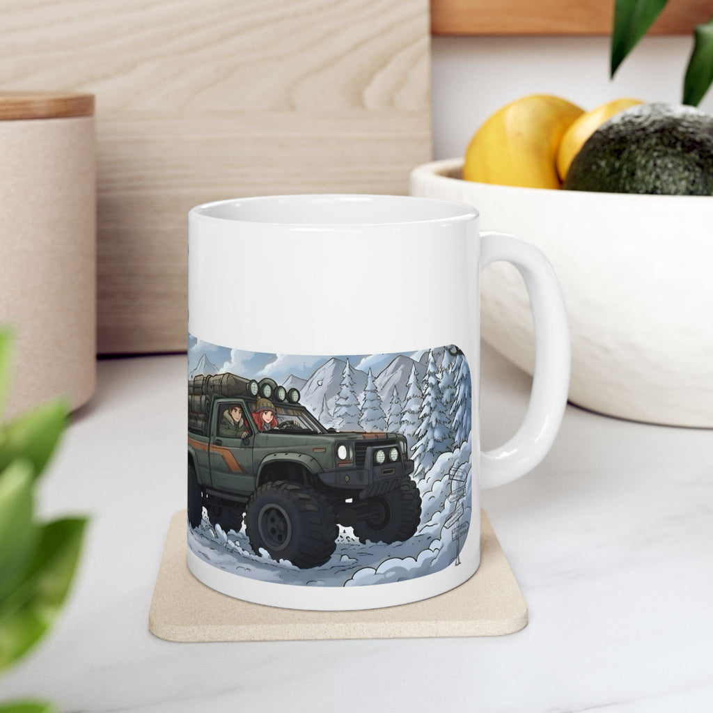 Adventure 4x4 Trucks #39, Rolling Through The Snow White Ceramic Mug — Find Your Path To The Essentials Cup (11oz & 15oz)