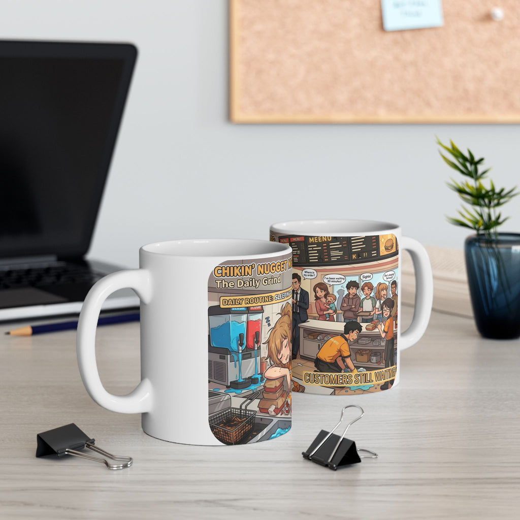 Funny Fast-Food Shift White Ceramic Mug – “Worst Nightmares” Comic Cafe Cup (11oz/15oz)