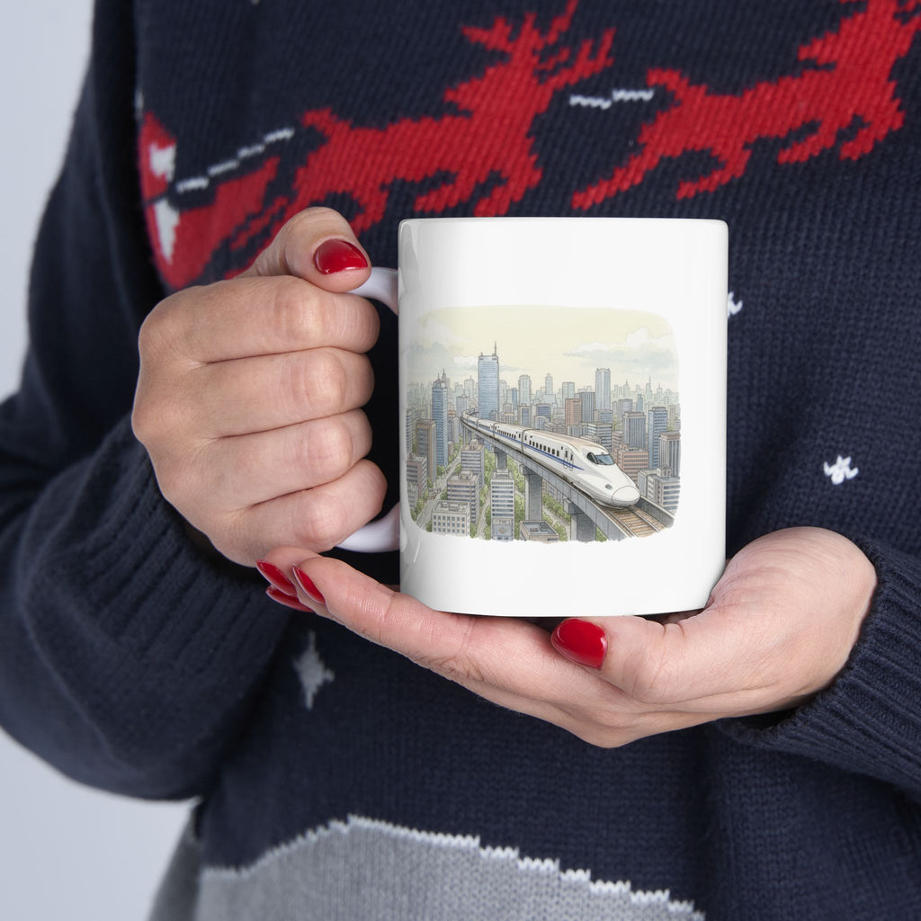 Bullet Train Cityscape Tea Cup – Vintage Skyline White Ceramic Mug (11oz & 15oz)