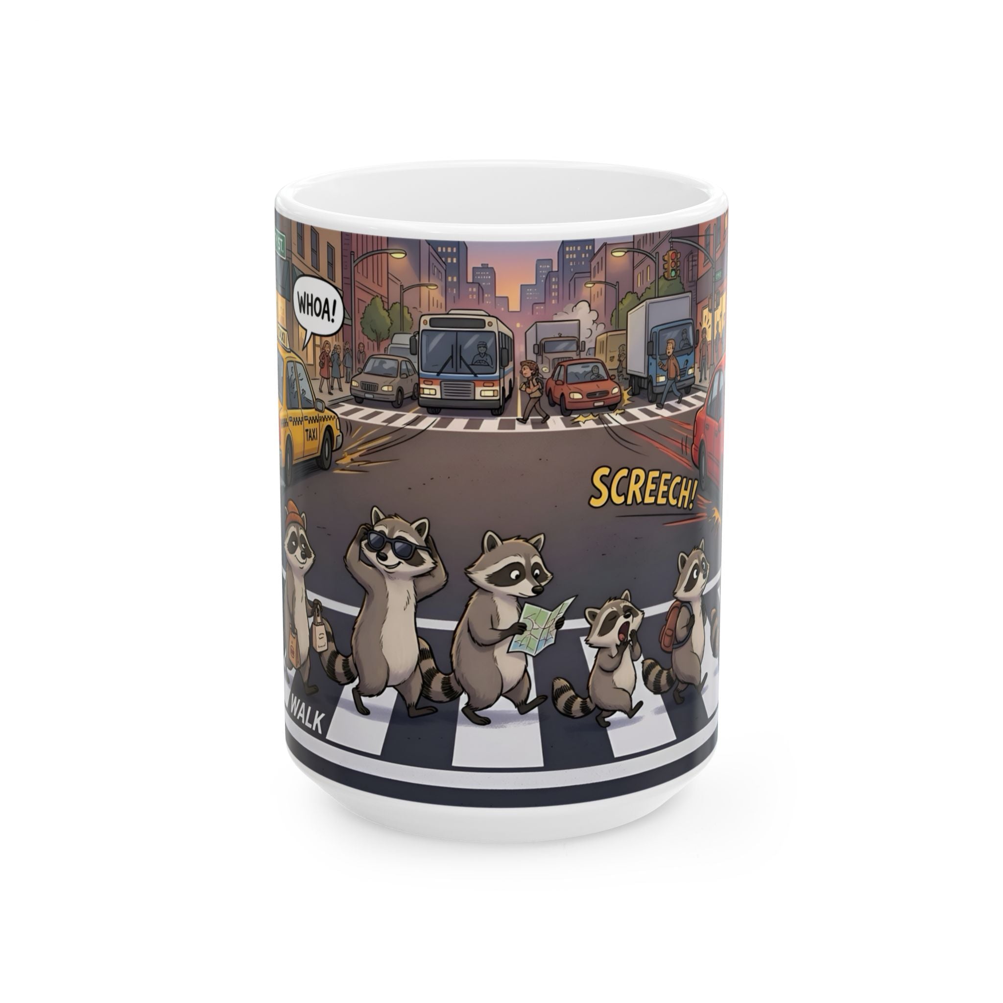 Raccoon Crosswalk White Ceramic Mug (11oz/15oz) – Cute Urban Wildlife Tea Cup