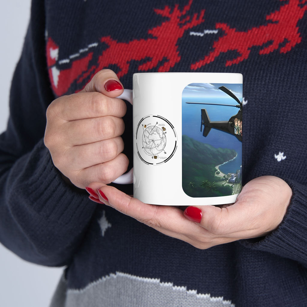 Anime Helicopter Adventure #7 Kawaii Kittens Over Tropical Beachy Metro White Ceramic Mug – Celebrating Companionship, Creativity & Life’s Little Wonders Cup (11oz/15oz)