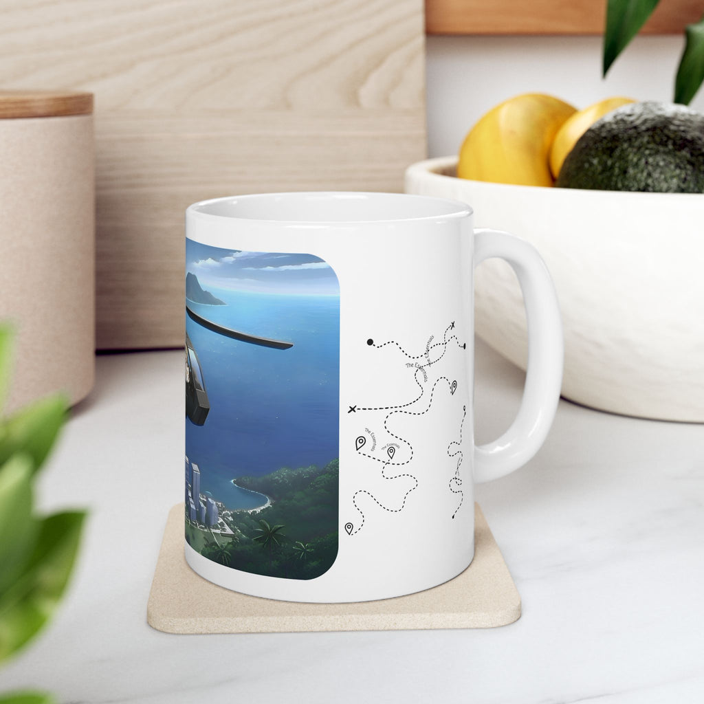 Anime Helicopter Adventure #7 Kawaii Kittens Over Tropical Beachy Metro White Ceramic Mug – Celebrating Companionship, Creativity & Life’s Little Wonders Cup (11oz/15oz)