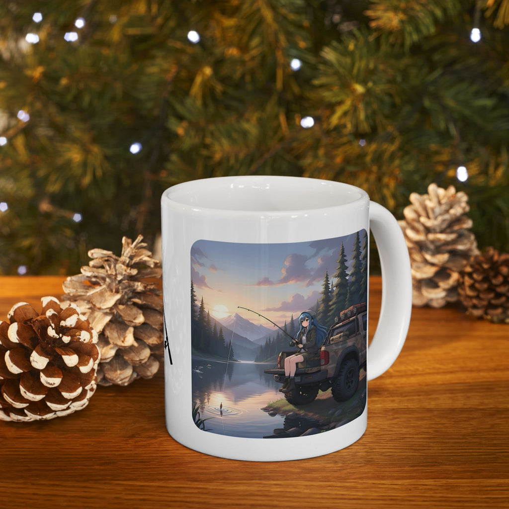 Cozy Anime Girl Tailgate Fishing Adventure White Ceramic Mug — Vintage Truck, Lake Sunrise Tea Cup (11oz/15oz)