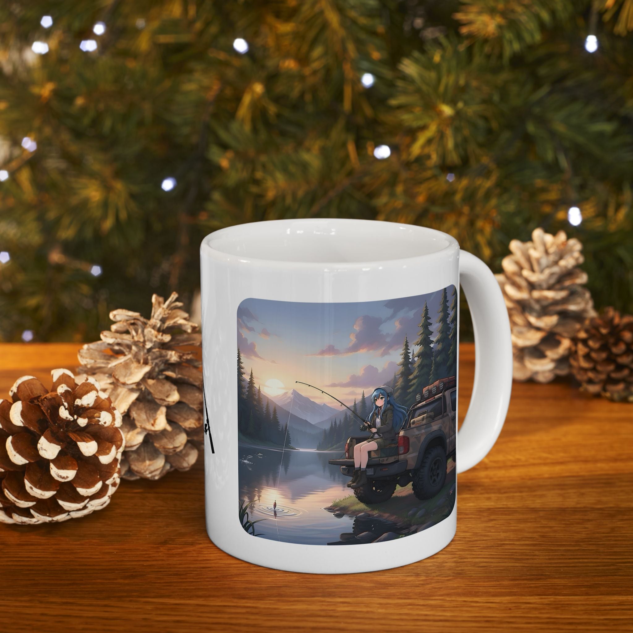 Cozy Anime Girl Tailgate Fishing Adventure White Ceramic Mug — Vintage Truck, Lake Sunrise Tea Cup (11oz/15oz)
