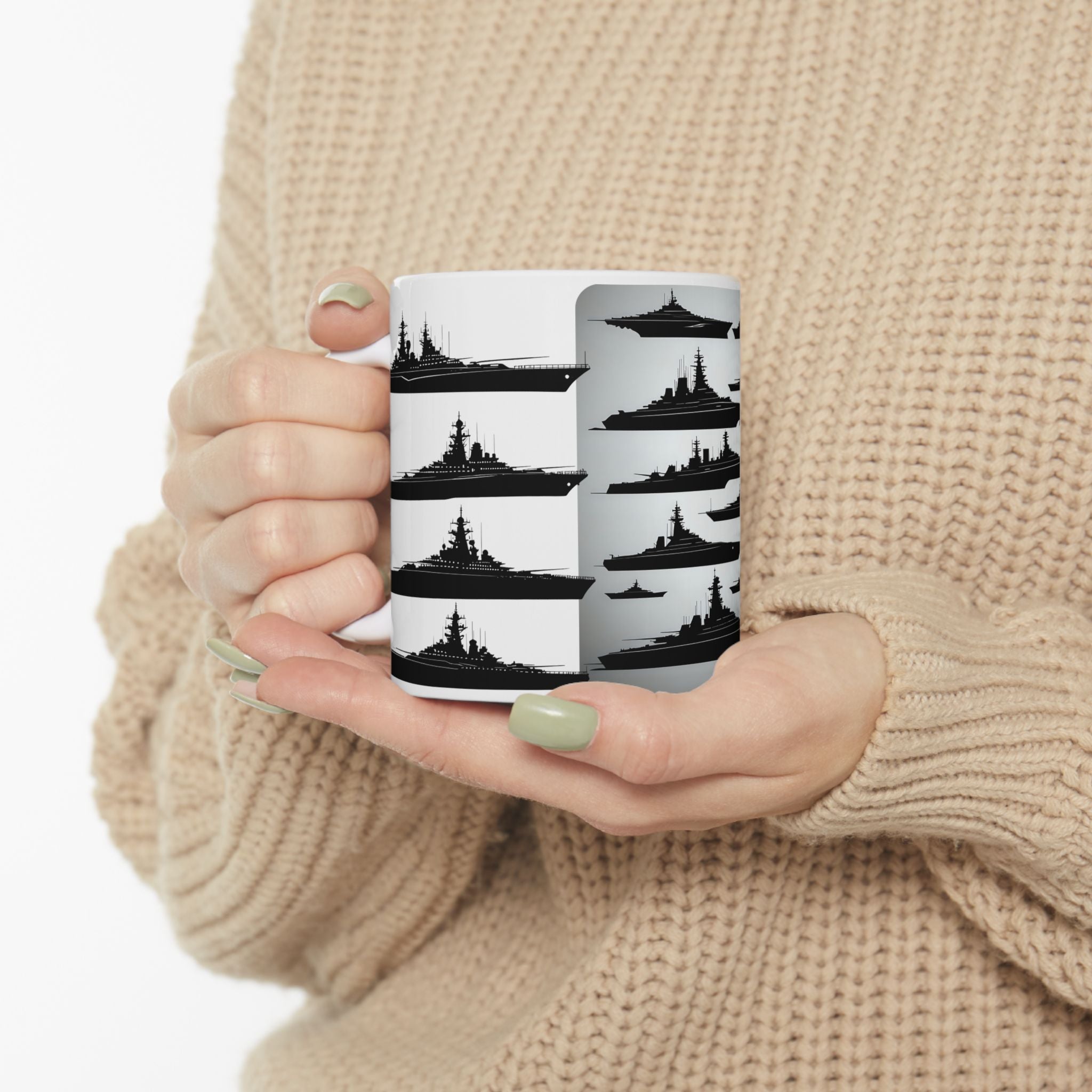 Tactical Battleship Silhouettes White Ceramic Mug — Naval Maritime Warships Cup (11oz & 15oz)