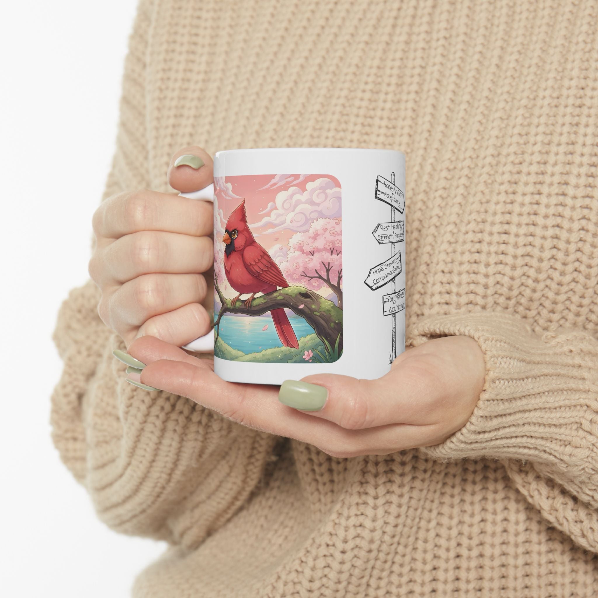 Kawaii Red Cardinal Quiet Moments White Ceramic Mug in Sakura Japan, Cozy Sakura Serenity Japanese Cherry Blossom Landscape Cup, 11oz & 15oz