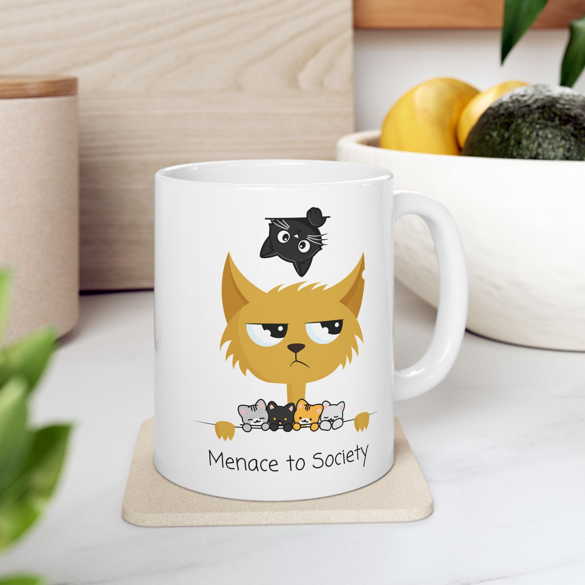 Cheeky Cat Mom White Ceramic Mug — Cute "Menace To Society" Rebel Cats Tea Cup (11oz, 15oz)