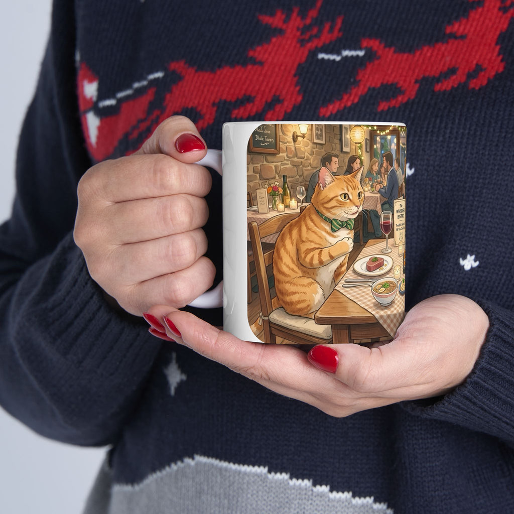 Cat Ghibli Whisker Bistro White Ceramic Mug — Cozy Feline Tapas Cafe Cup (11oz/15oz)