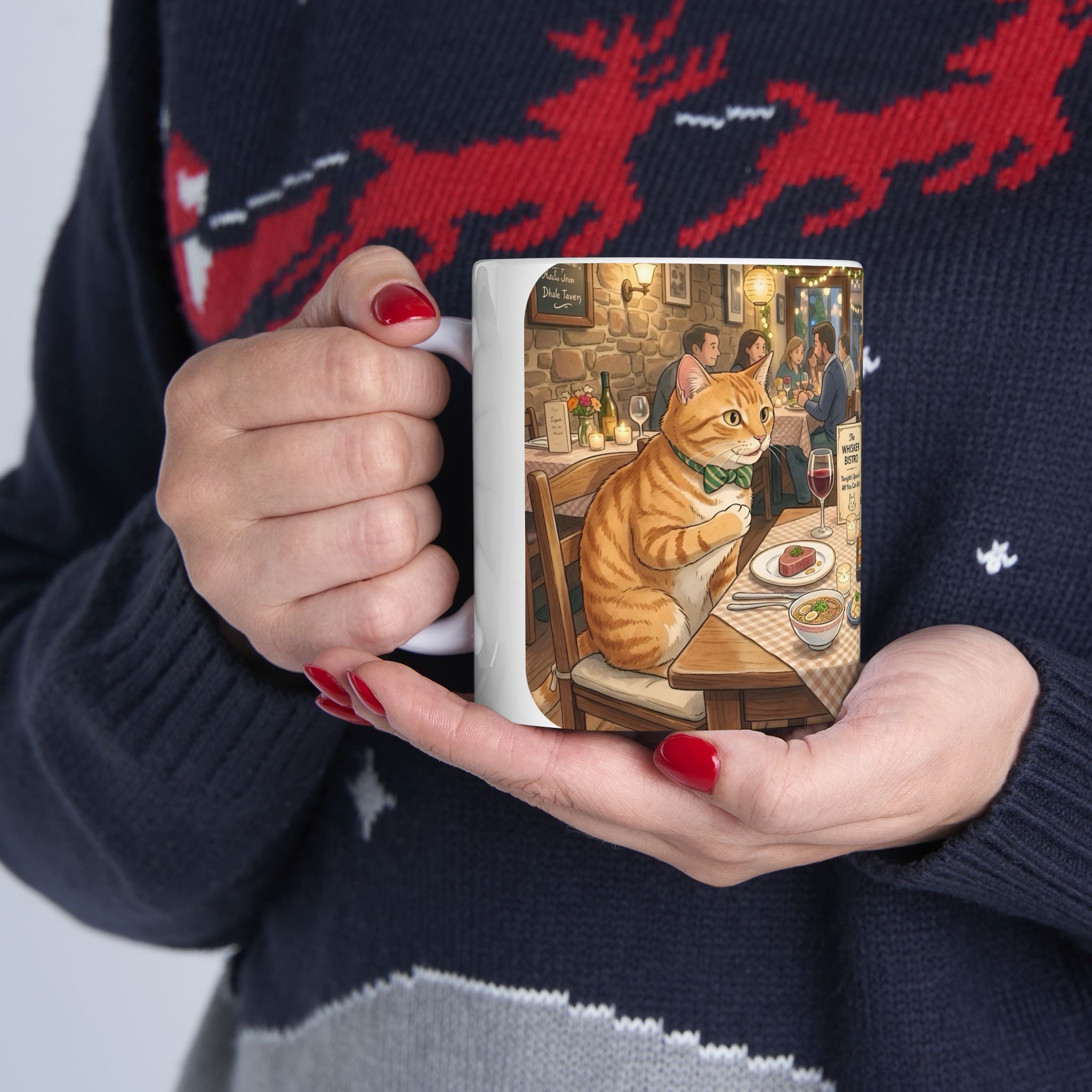 Cat Ghibli Whisker Bistro White Ceramic Mug — Cozy Feline Tapas Cafe Cup (11oz/15oz)