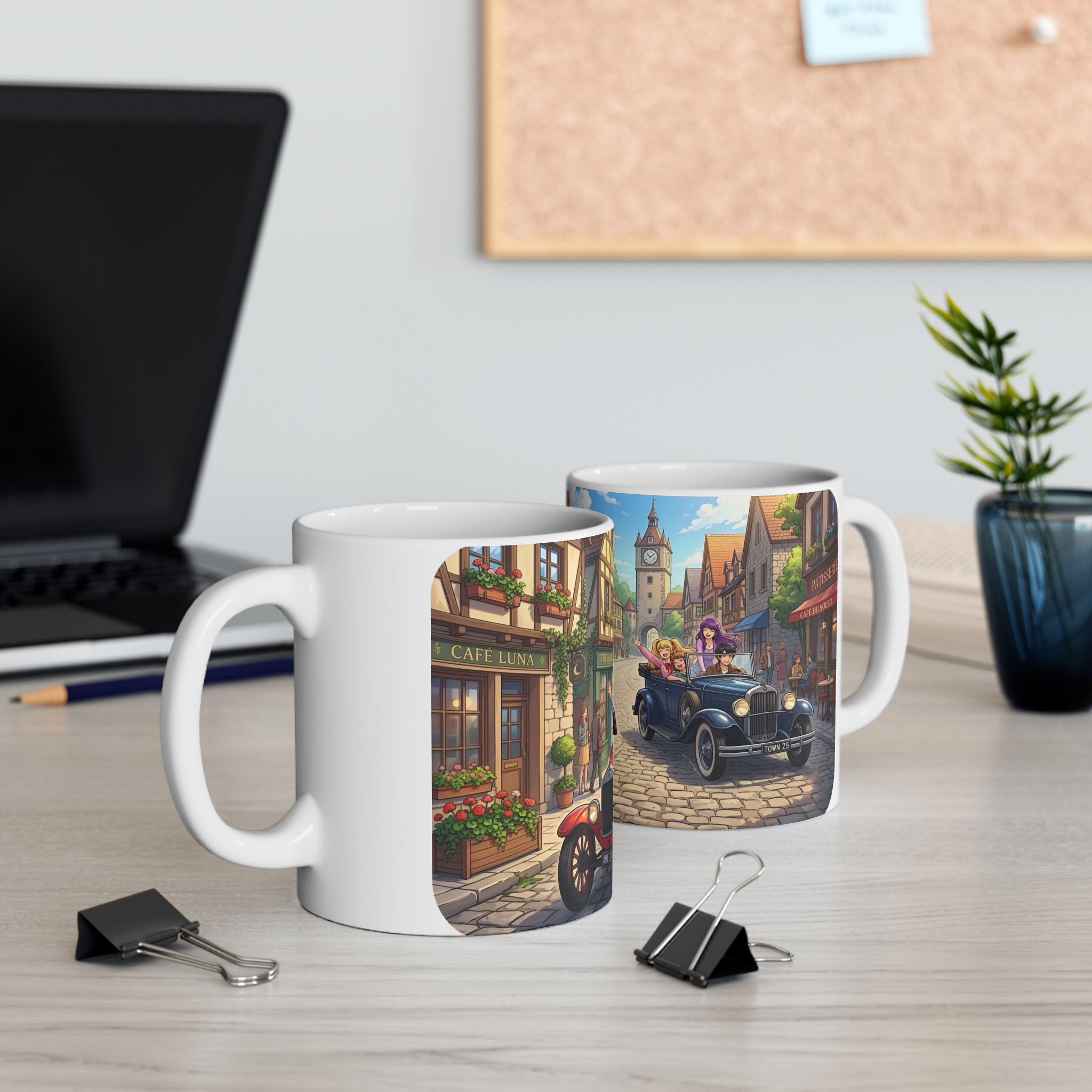Vintage Village Roadtrip #2 White Ceramic Mug — Classic Cars & Happy Town Friends Cup (11oz, 15oz)