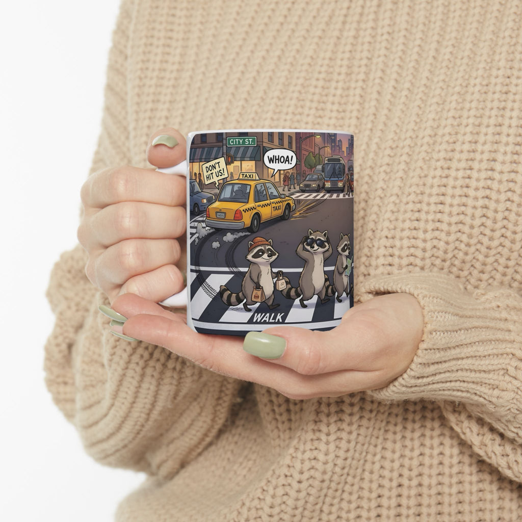 Raccoon Crosswalk White Ceramic Mug (11oz/15oz) – Cute Urban Wildlife Tea Cup