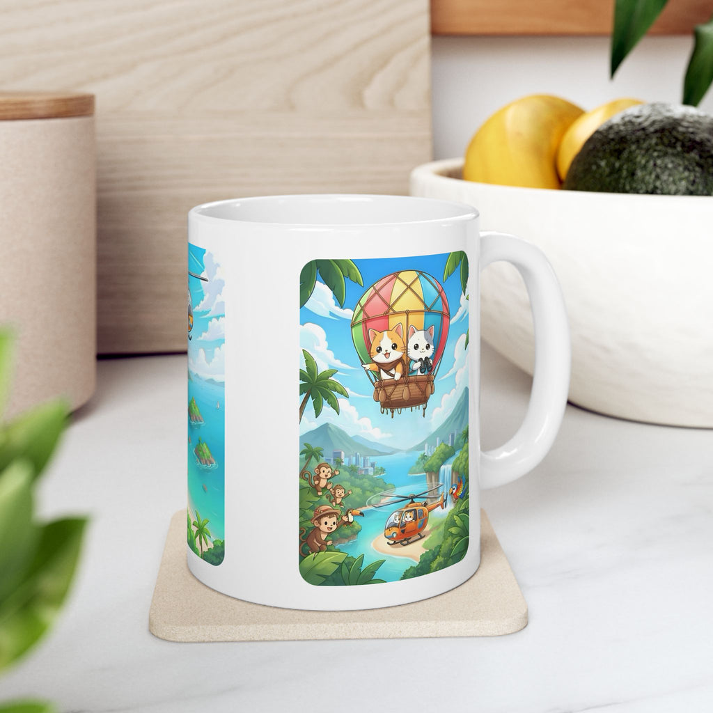 Tropical Chibi Cats Helicopter Adventure White Ceramic Mug — Kawaii Cats Hot Air Balloon Summer Cup (11oz & 15oz)