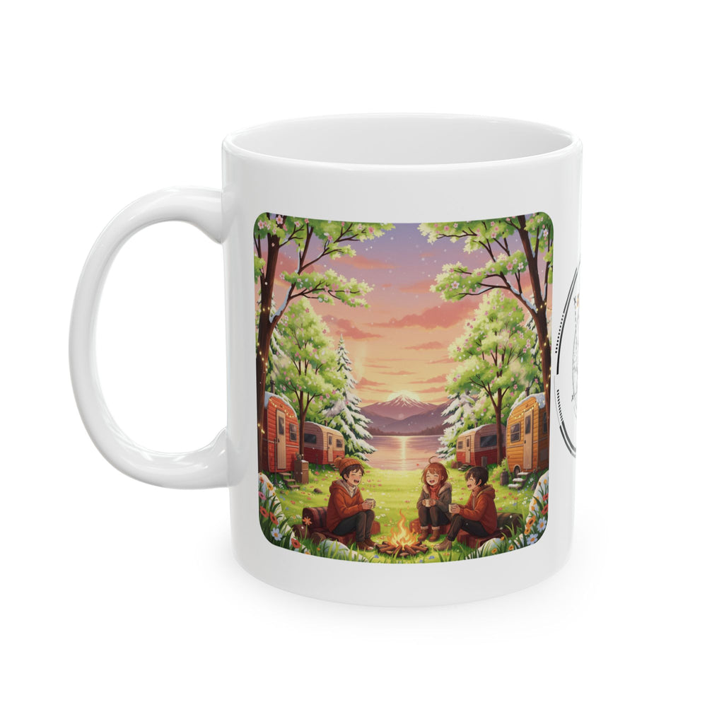 Cozy Hearth & Home White Ceramic Mug — Sunset Mountain View Vintage Camper Cup (11oz/15oz)
