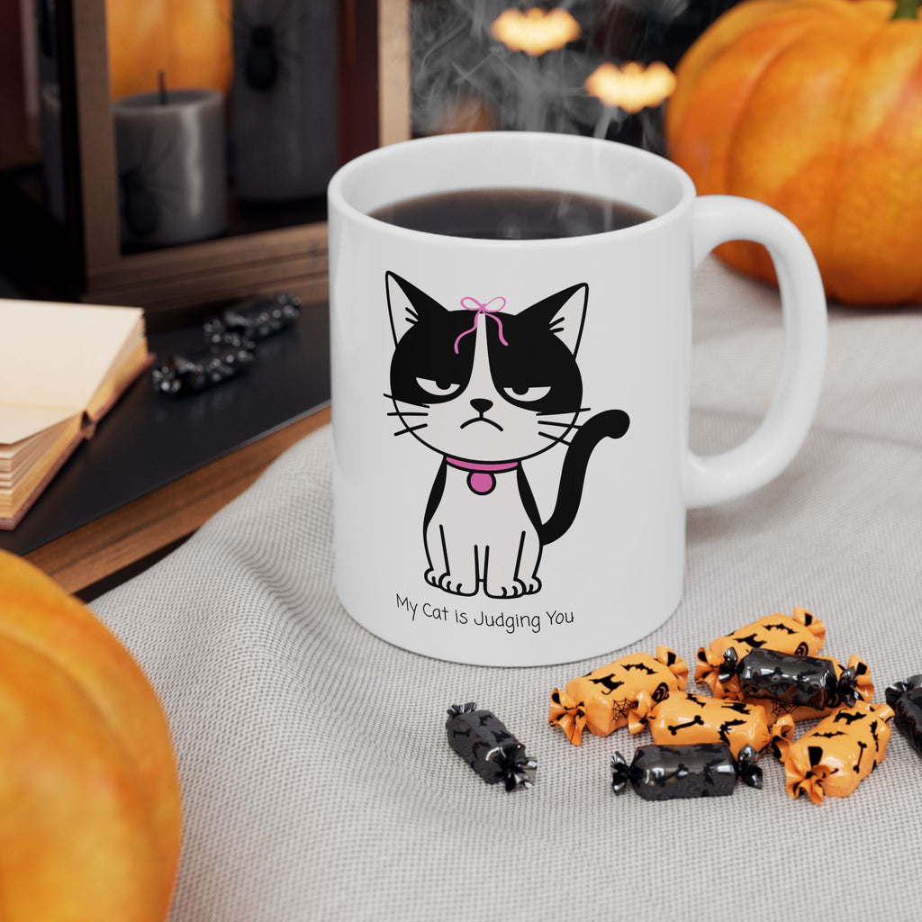 My Cat Is Judging You White Ceramic Mug — Cute Black & White Kitty Stare Down Tea Cup (11oz/15oz)