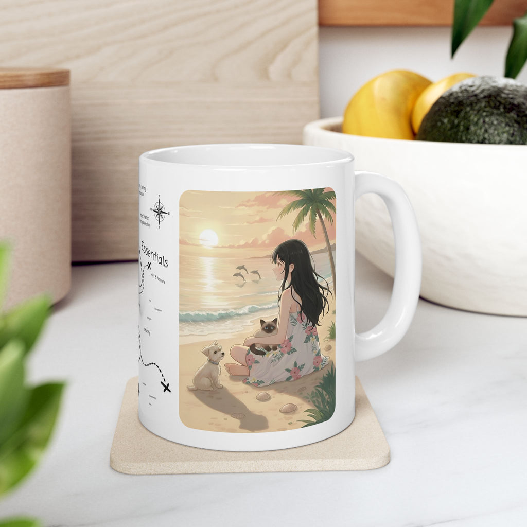 White mug with a beach scene illustration featuring a woman with a cat and a dog, placed on a coaster.