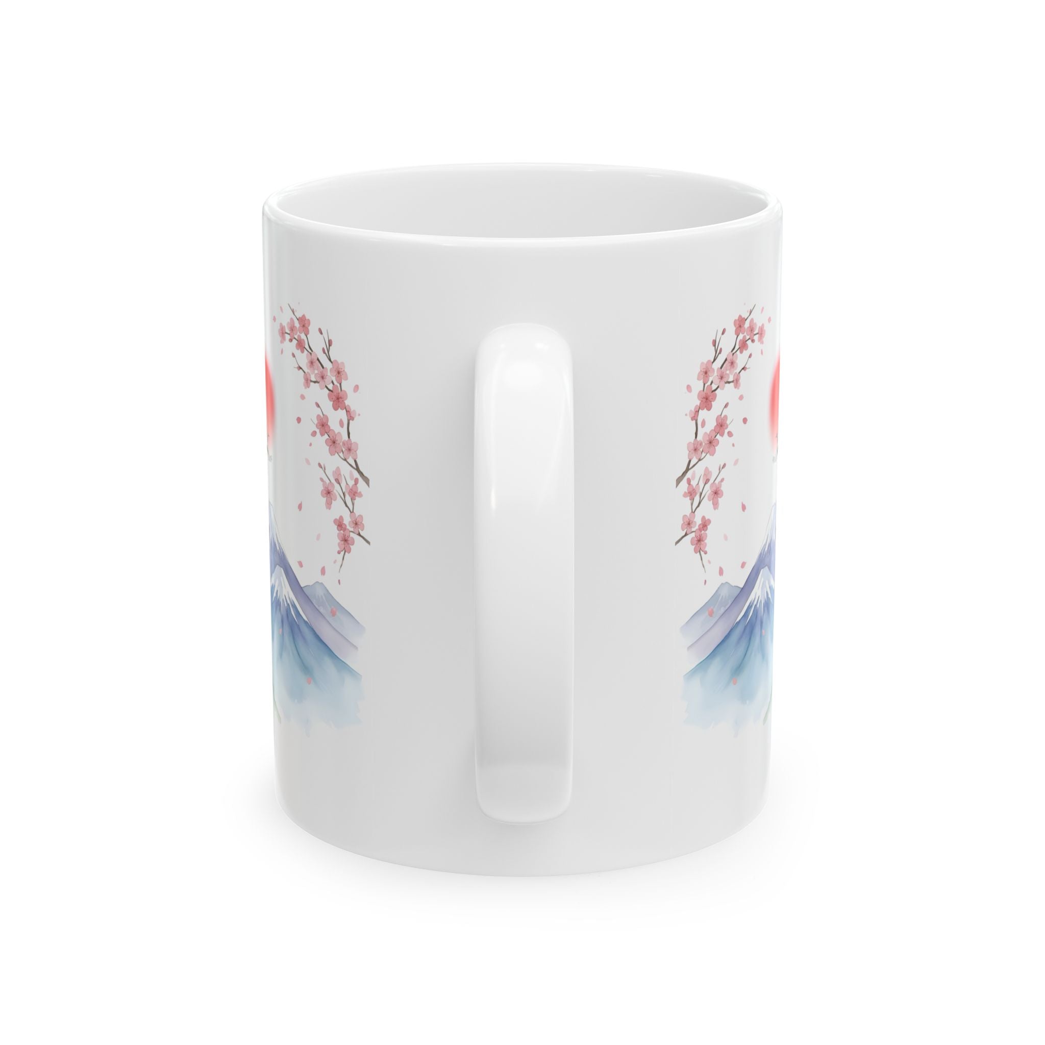 Cherry Blossom Mountain White Ceramic Mug - Japanese Sakura Scenic Tea Cup (11oz, 15oz)