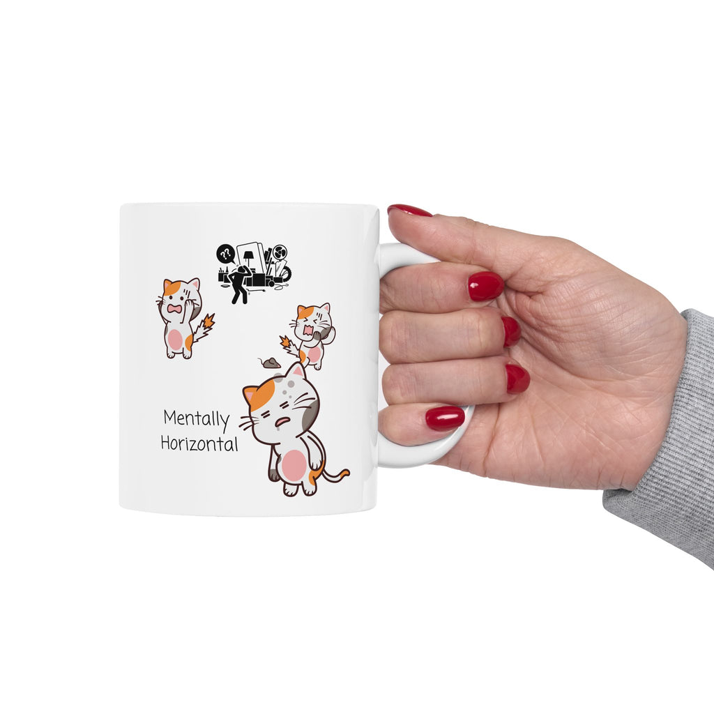Funny "Mentally Horizontal" Cat Chaos White Ceramic Mug — Frantic Kitties in a Trashed Room (11oz & 15oz)