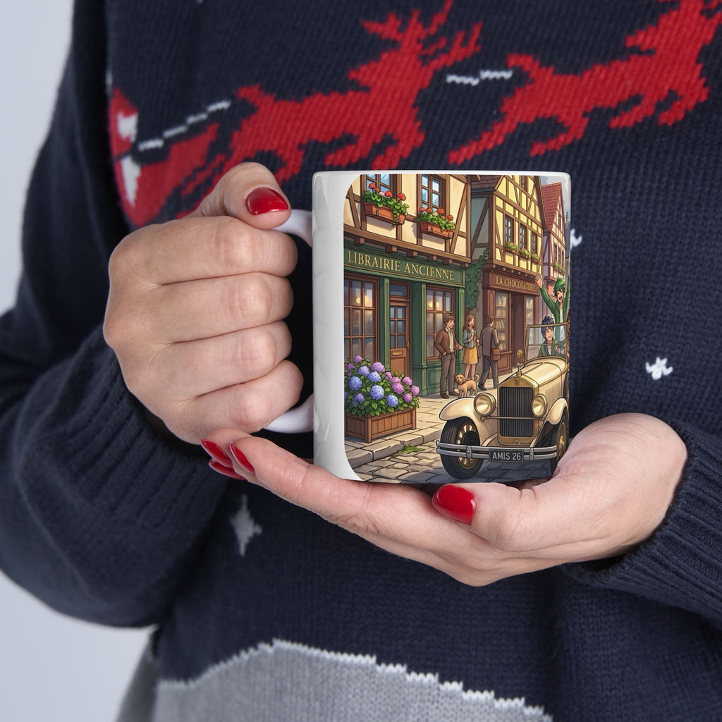 Vintage Village Roadtrip #1 White Ceramic Mug — Classic Cars & Happy Town Friends Cup (11oz, 15oz)