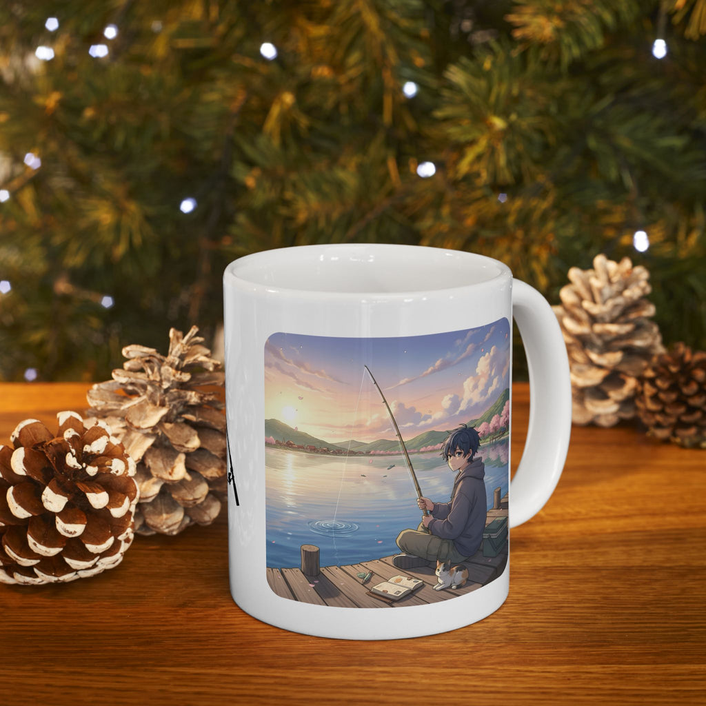 Dock Fishing At Sunset With My Calico Cat White Ceramic Mug — Serene Lake Pier Tea Cup (11oz/15oz)