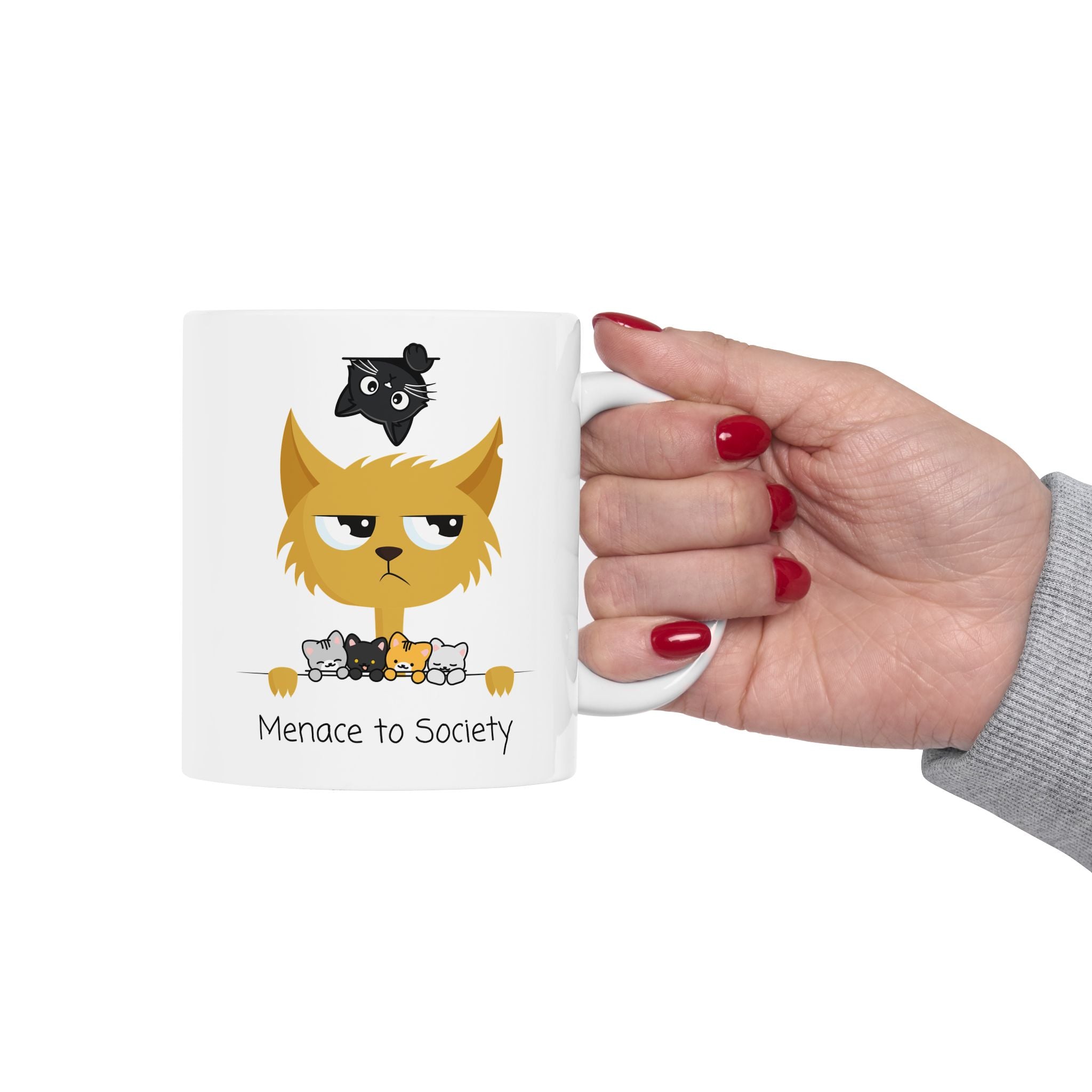 Cheeky Cat Mom White Ceramic Mug — Cute "Menace To Society" Rebel Cats Tea Cup (11oz, 15oz)