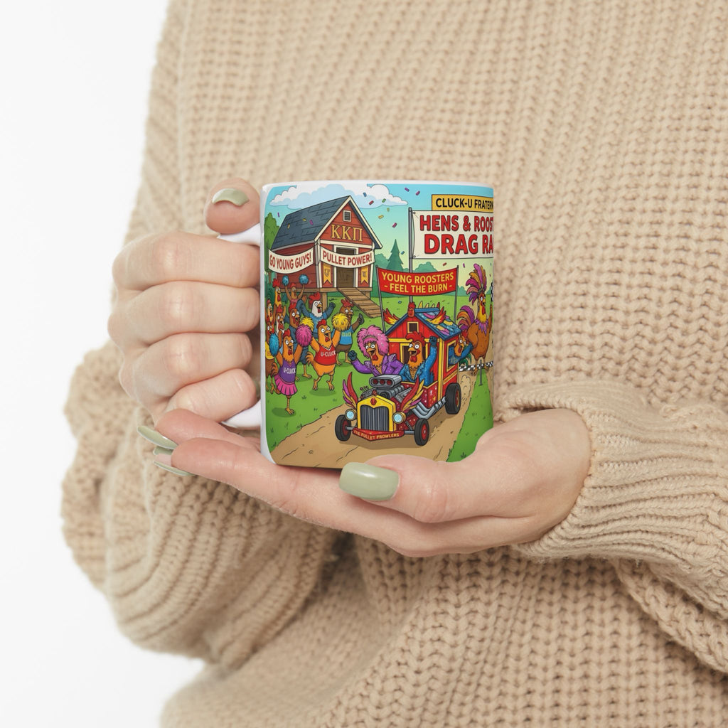 Hens & Roosters Drag Race White Ceramic Mug — Funny Farm Fraternity Racing Tea Cup (11oz/15oz)