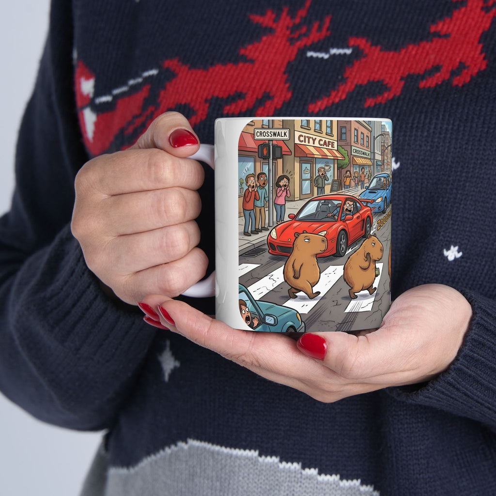 Capybara Abbey Road White Ceramic Mug – Funny Rodent Band Tea Cup (11oz & 15oz)