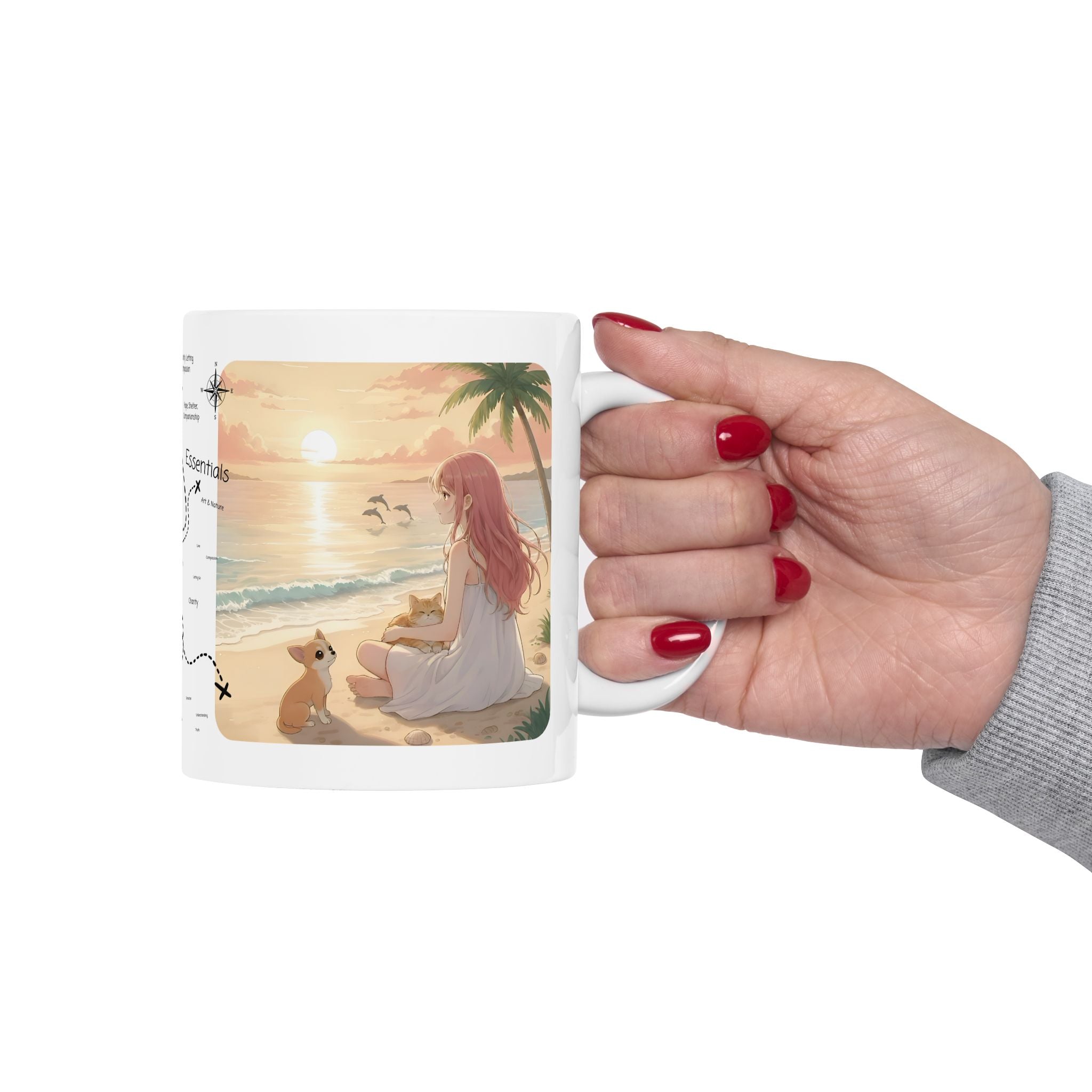 Doberman, Chihuahua & Orange Cat Coastal Vibe White Ceramic Mug, Cozy Sunset Beach Anime Girl Cup (11oz, 15oz)
