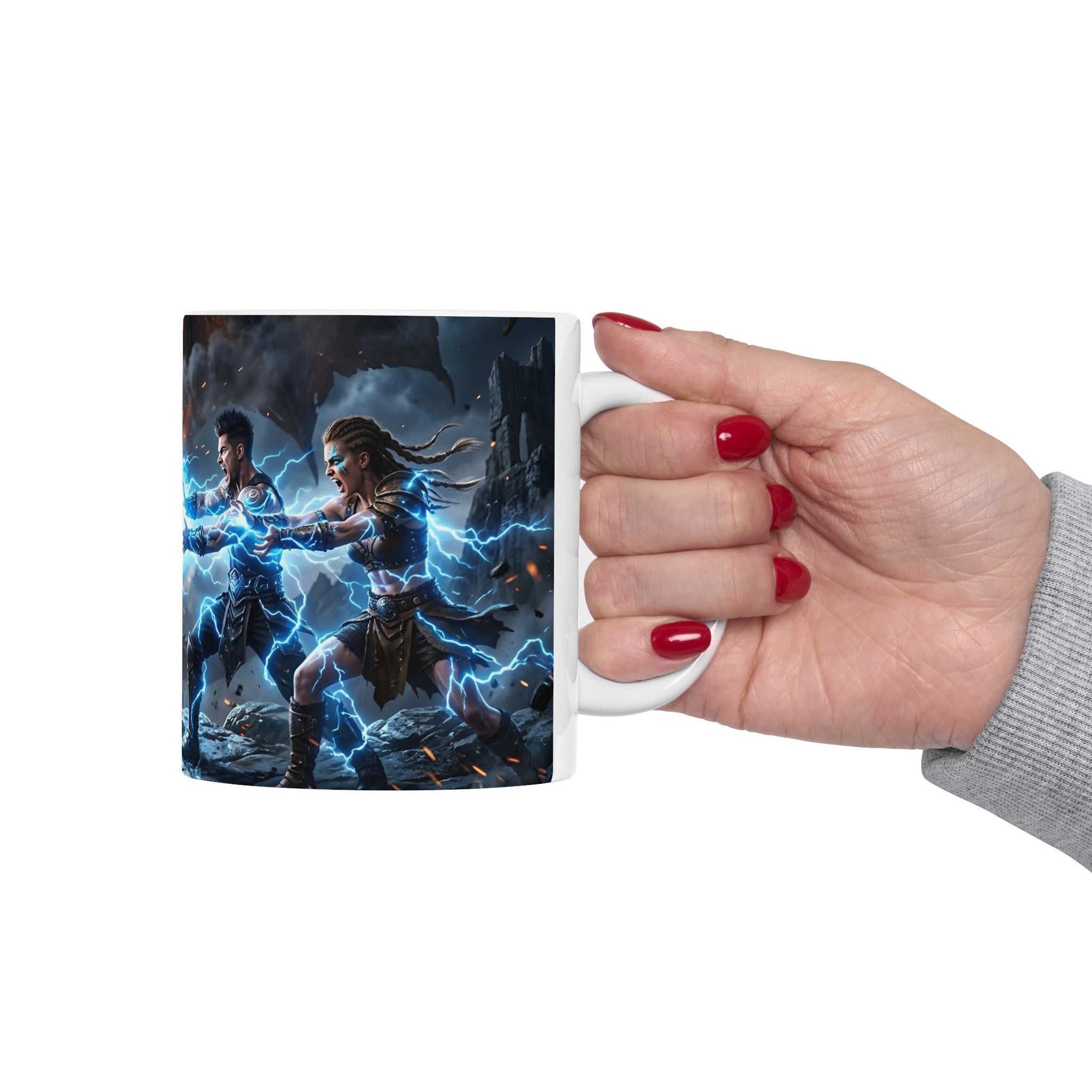 Dragon Battle #1 White Ceramic Mug — Epic Fantasy Gaming Adventure Scene (11oz, 15oz)
