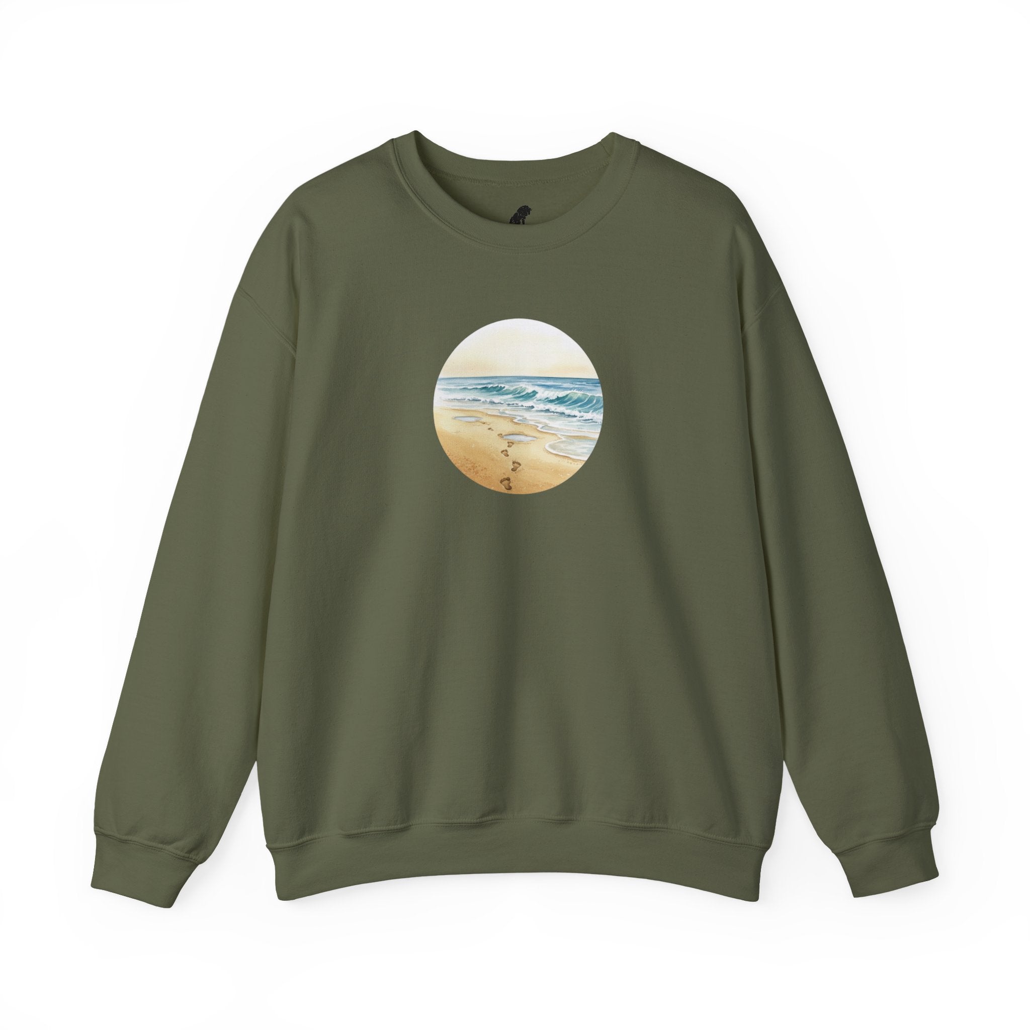 Beach Circle Crewneck Sweatshirt — Coastal Footprints In The Sand At Sunset Sweater