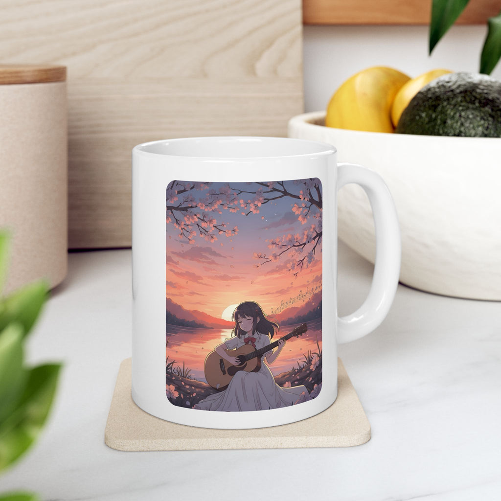 Little Melody Anime Sunset Reflections White Ceramic Mug — Scenic Cherry Blossom Mountain Lake Guitar Cup (11oz, 15oz)