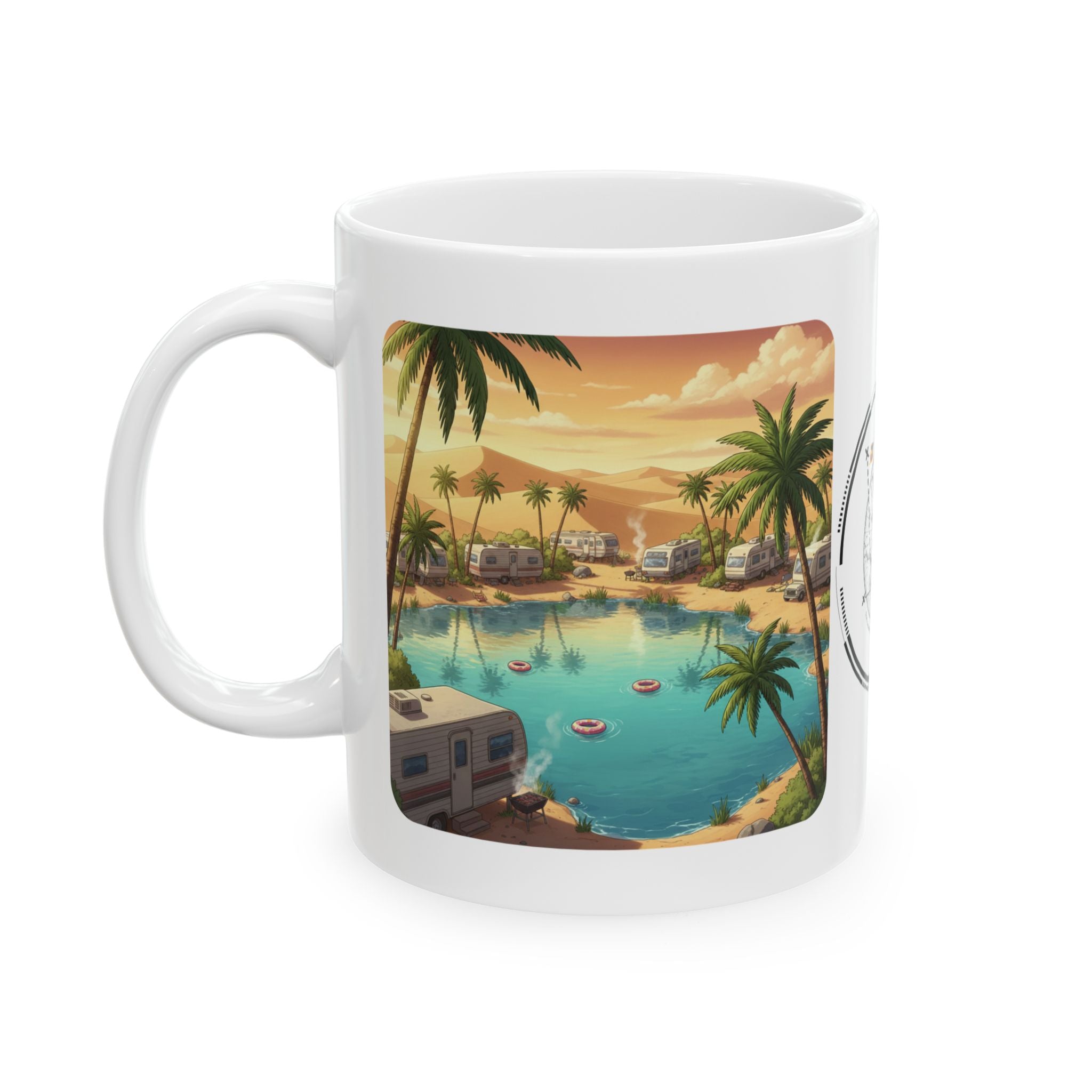 Dreamy Storybook Floral Cottage White Ceramic Mug — Vintage World Map, RV Camping Oasis, & Van Life Panorama Cup (11oz/15oz)