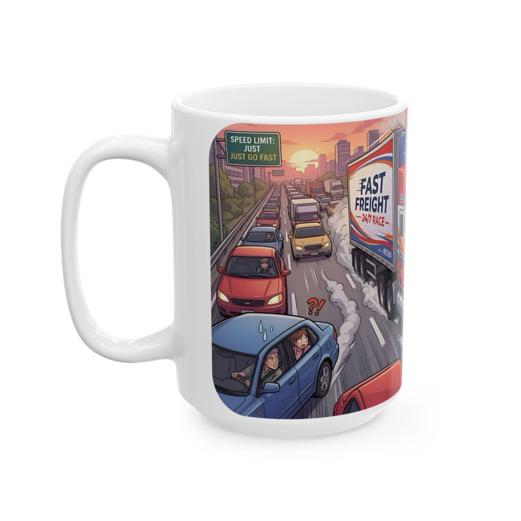 Trucker Life White Ceramic Mug – 'Fast Freight' Big Rig Tea Cup (11oz/15oz)