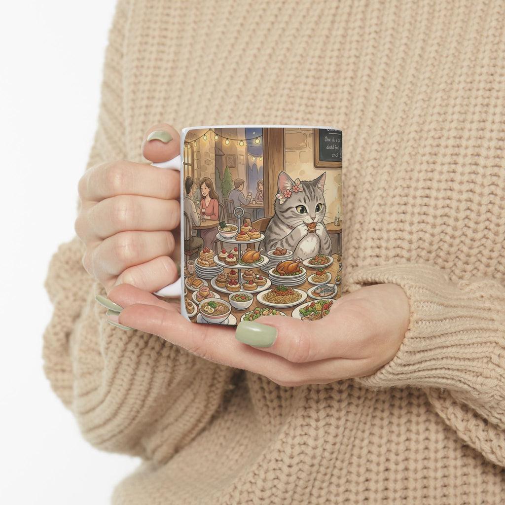 Cat Cafe Breakfast White Ceramic Mug — Cute Cats Dining Tea Cup (11oz/15oz)