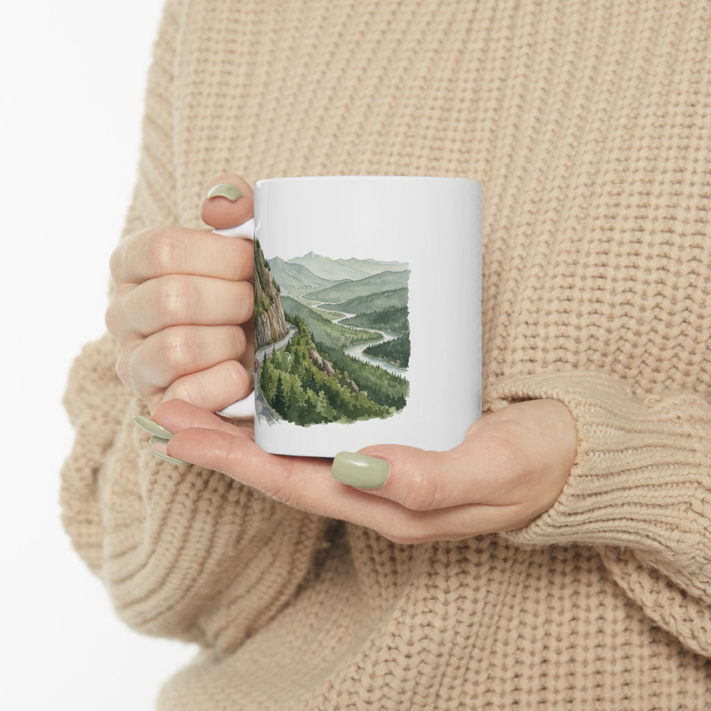Scenic Convertible Countryside Drive White Ceramic Mug (11oz, 15oz), Relaxing and Cozy Open Road Mountain Getaway Cup